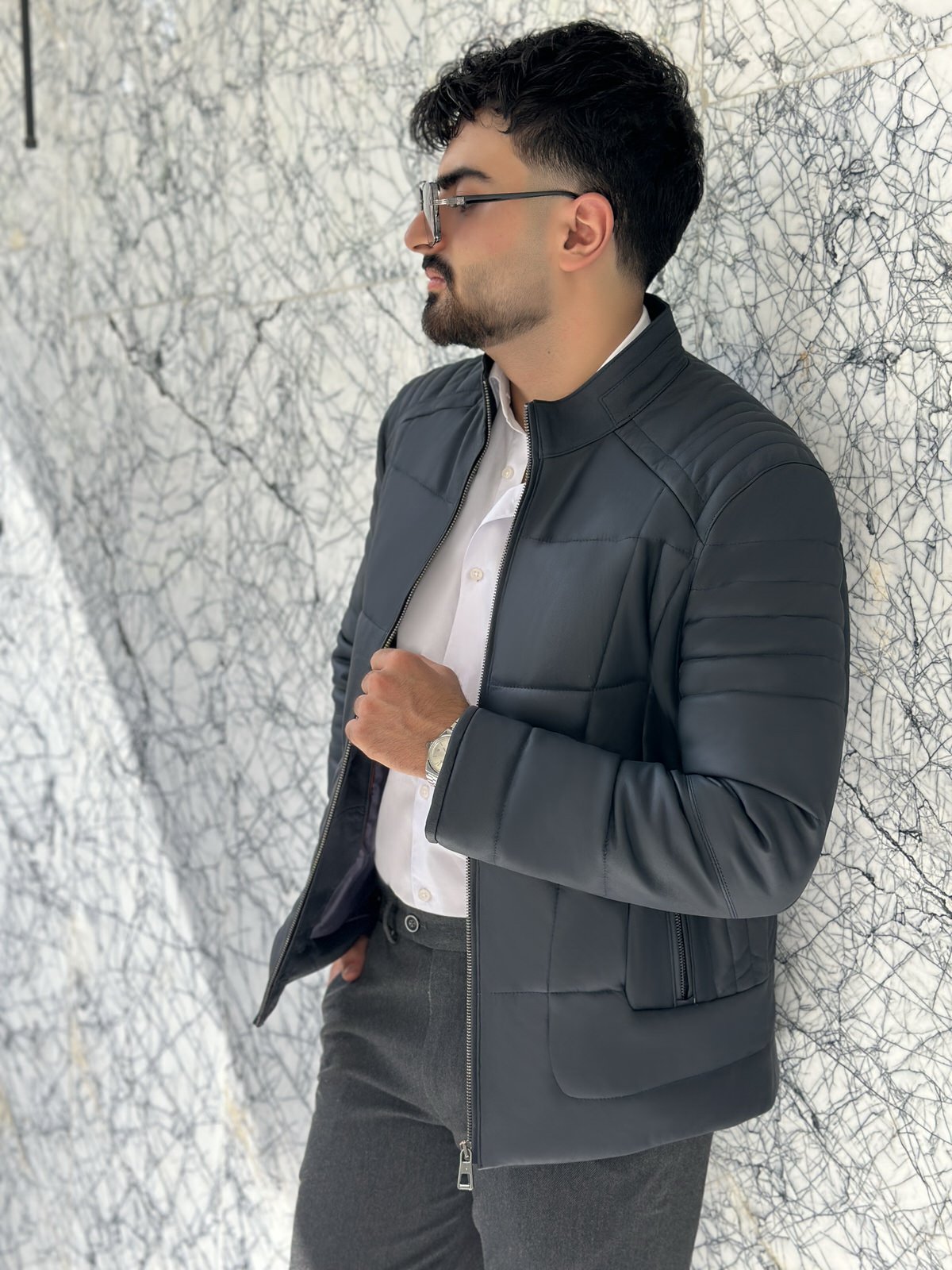 کاپشن مردانه چرم گوسفندی.N185 سرمه ای