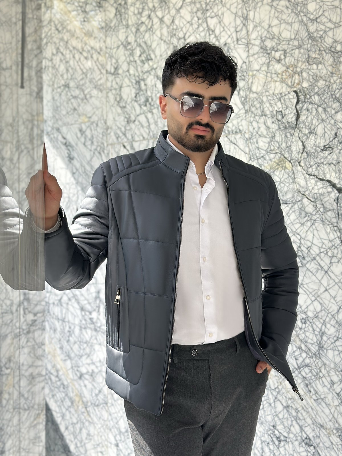 کاپشن مردانه چرم گوسفندی.N185 سرمه ای